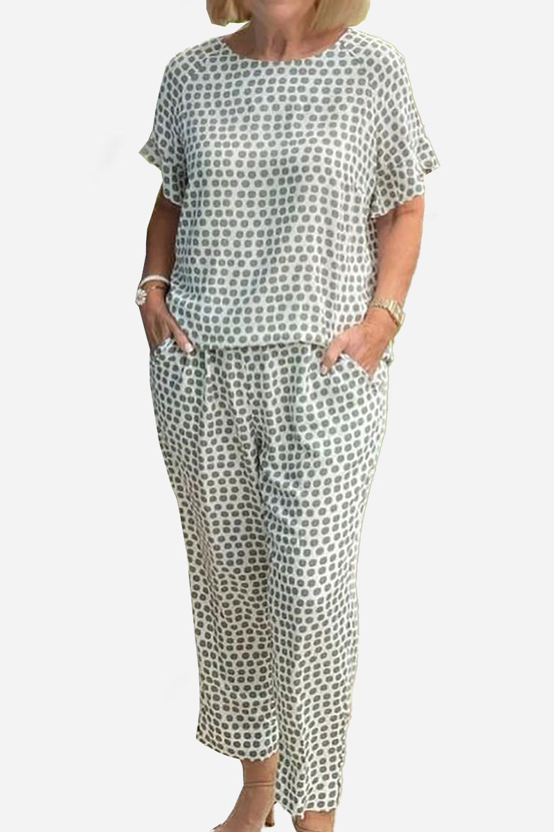 Polka Dot Ruffled Sleeves Wide Leg Pants Two-piece Set - Daisy Store