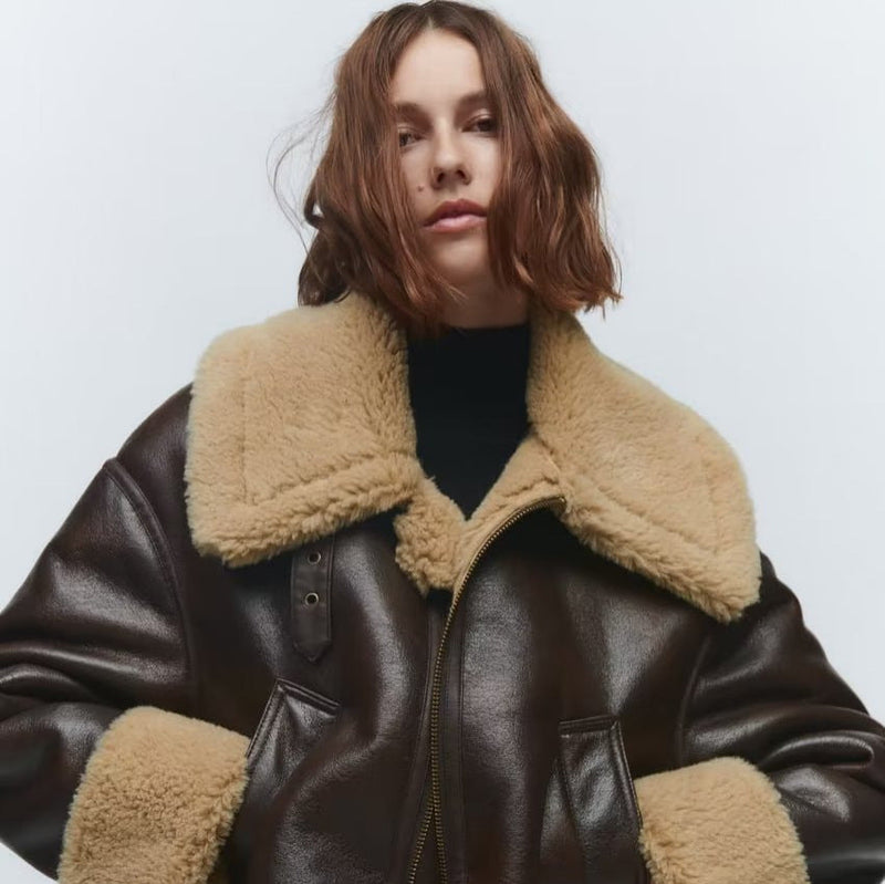 Thickened Shearling Turn-down Collar Zipper Short Jacket