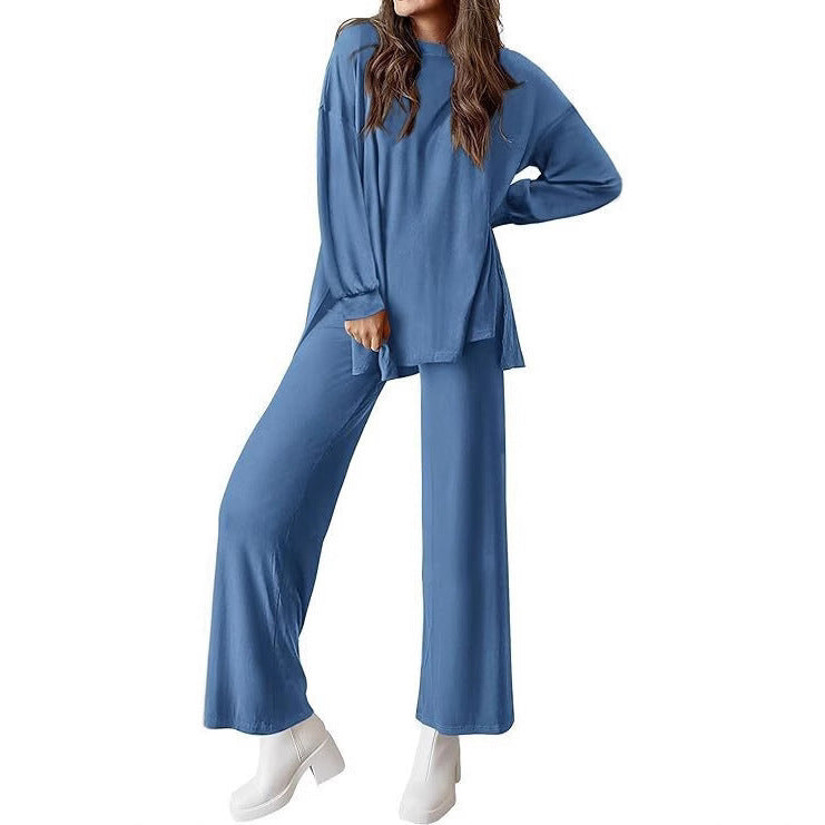 Round-Neck Long Sleeve Top and Wide-Leg Pants Set