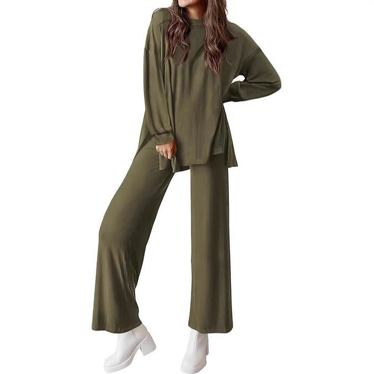 Round-Neck Long Sleeve Top and Wide-Leg Pants Set
