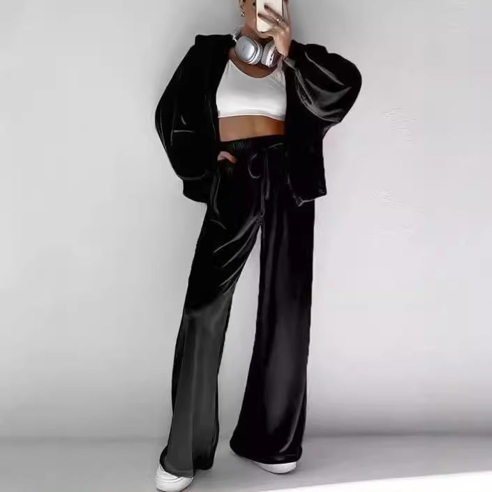 Gold Velvet Zip-Up Tracksuit Set