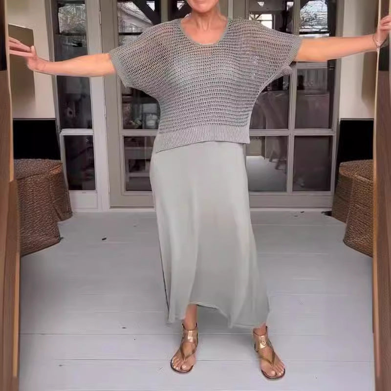 Hollow-Knitted Mesh Dress Set in Solid Color