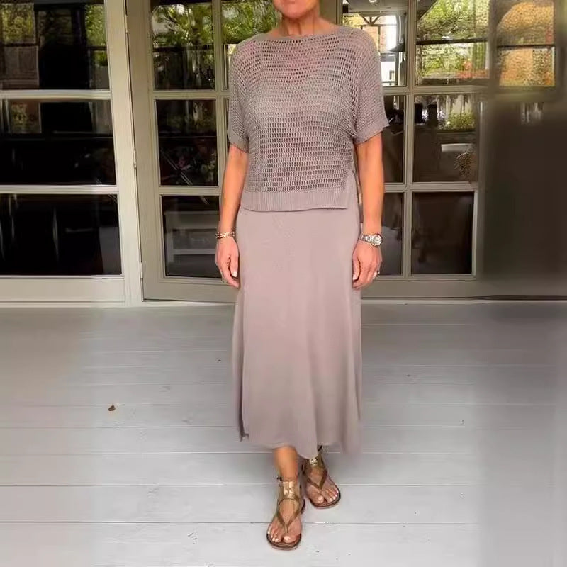 Hollow-Knitted Mesh Dress Set in Solid Color