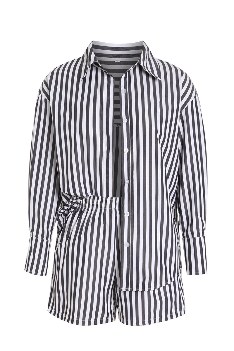 Casual Striped Long-Sleeve Shirt and High-Waisted Shorts Set