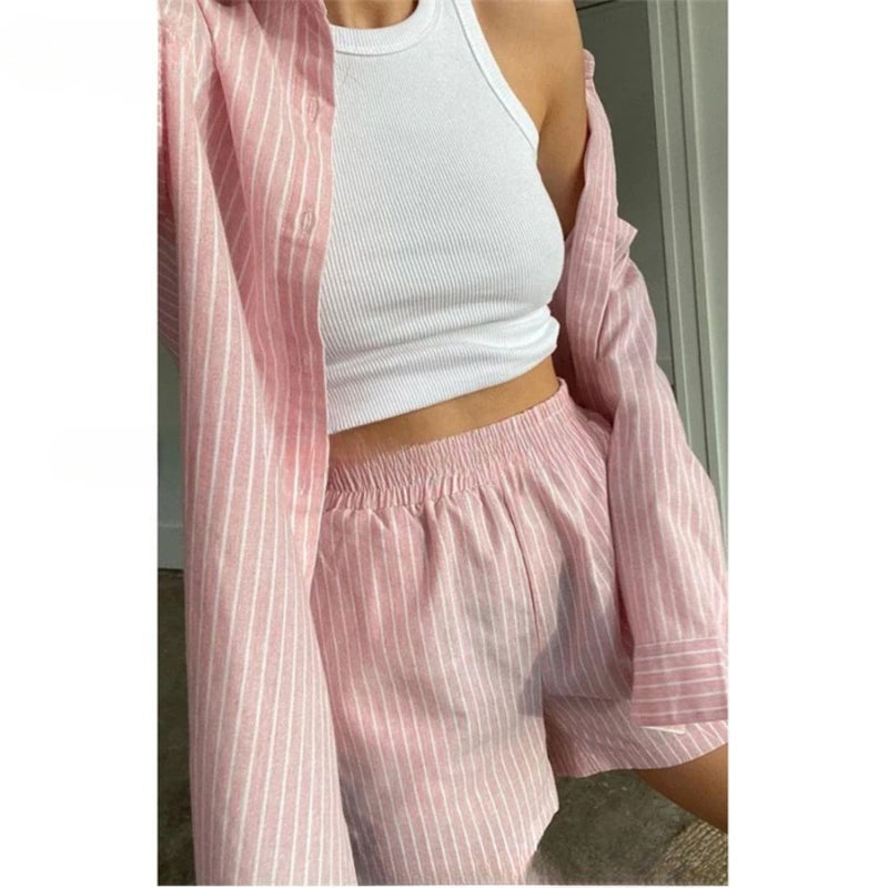 Casual Striped Long-Sleeve Shirt and High-Waisted Shorts Set