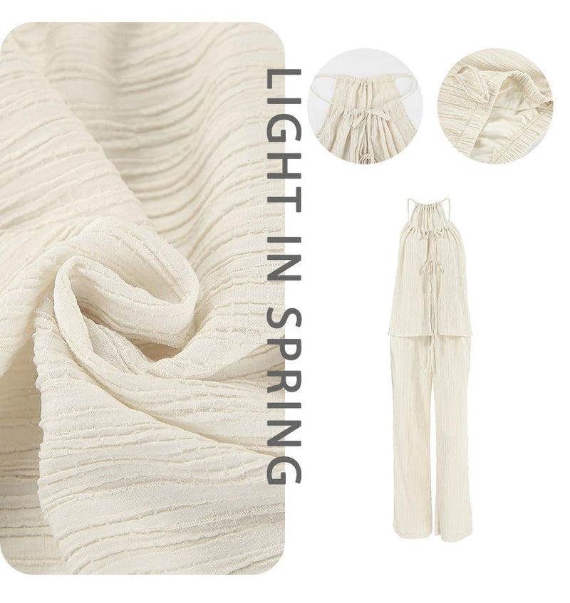 Casual Lace-Up Top and High-Waisted Wide-Leg Pants Set