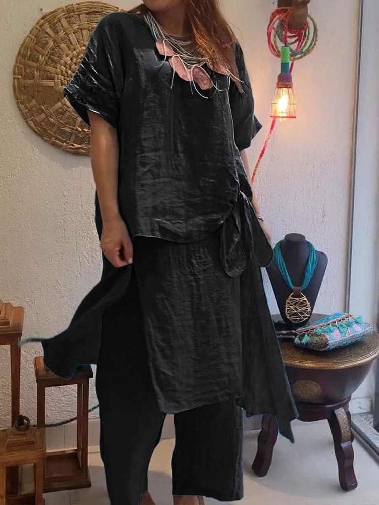 Cotton and Linen Casual Two-Piece Pants Set