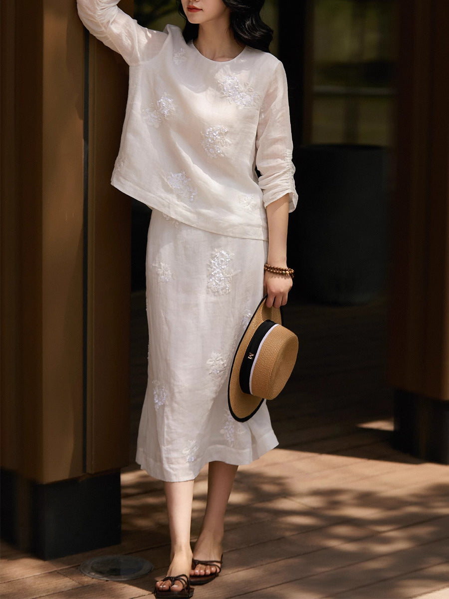 Embellished Sequin Bead Embroidery Sheer Round Neck Top Set