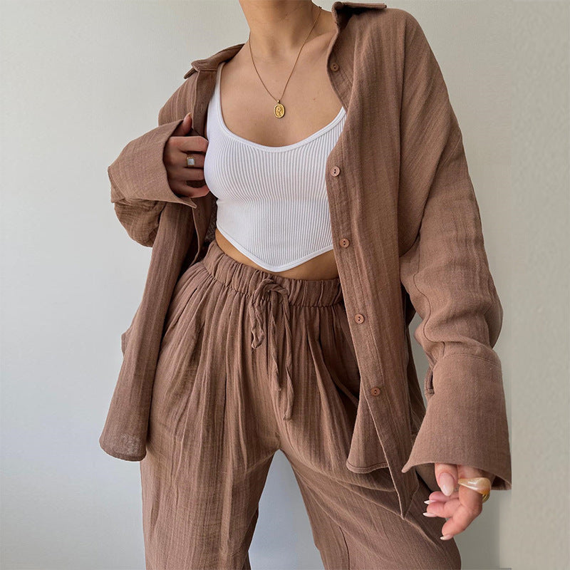 Niche Lapel Long-Sleeve Shirt and High-Waisted Trousers Set