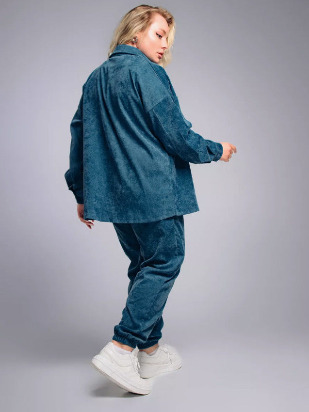 Retro Plus-Size Corduroy Lapel Shirt and Pants Set