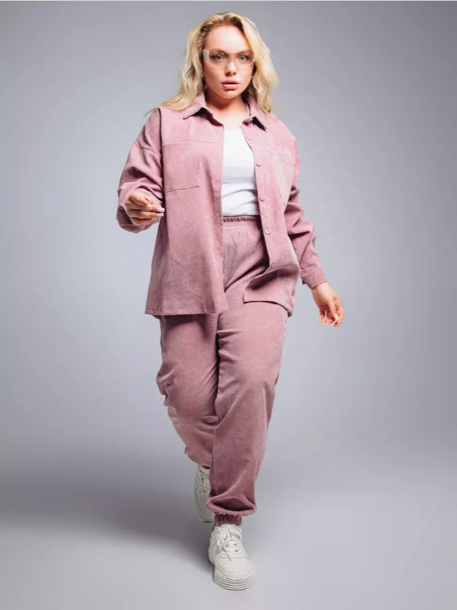 Retro Plus-Size Corduroy Lapel Shirt and Pants Set