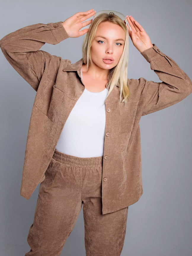 Retro Plus-Size Corduroy Lapel Shirt and Pants Set