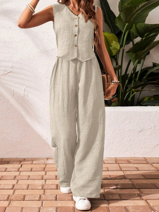 Linen V-neck Vest and Long Pants Suit