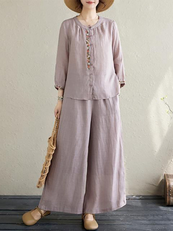 New Retro Embroidered Shirt and Casual Pants Set