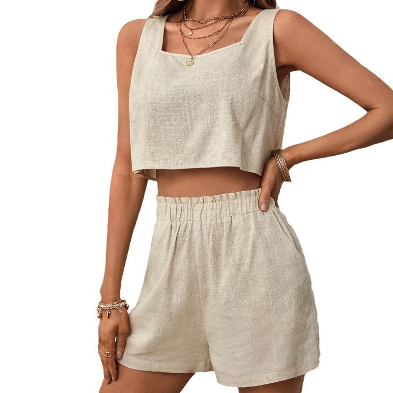 Elegant Casual Cotton Linen Top and Shorts Set