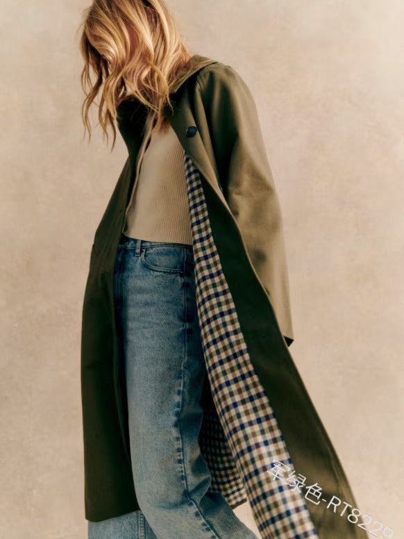 Lapel Long Trench Coat with Color-Blocking Design