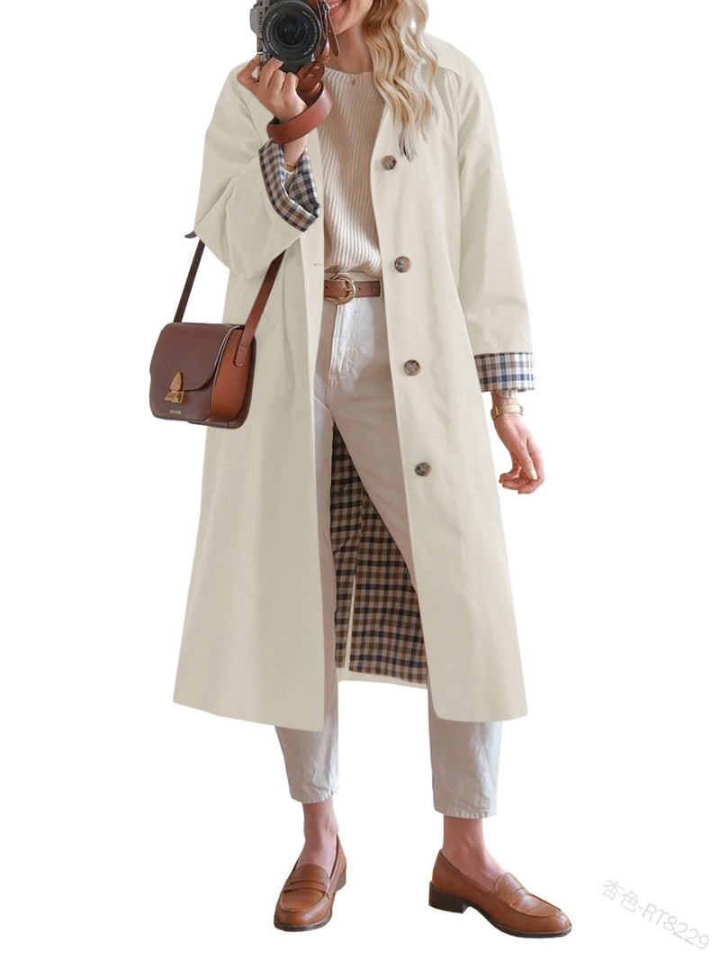 Lapel Long Trench Coat with Color-Blocking Design