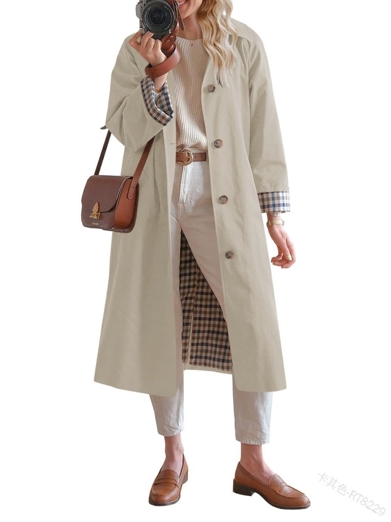 Lapel Long Trench Coat with Color-Blocking Design