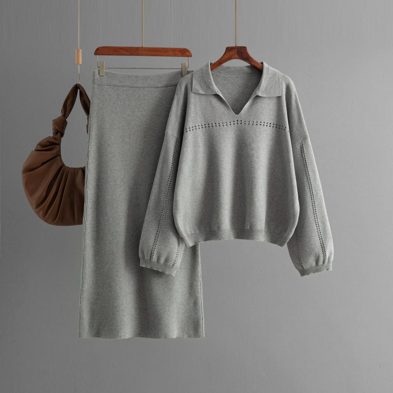 Knitted POLO Collar Hollow Long Skirt Set