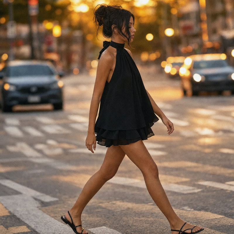 Layered Chiffon Halter Mini Dress
