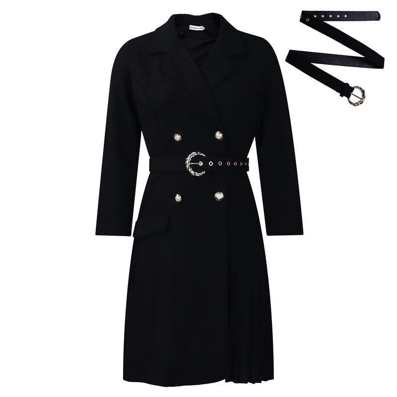 High-Waist Pleated Blazer Dress with Belt