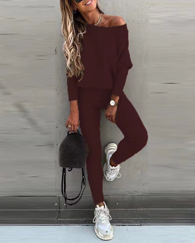 Lace-Up Off-Shoulder Casual Long Pants Suit