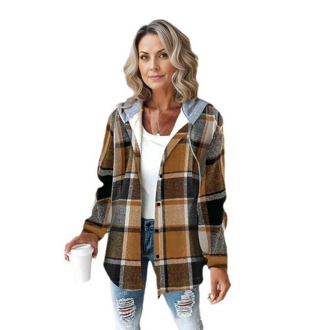 Plaid Casual Women's Coat with Hood