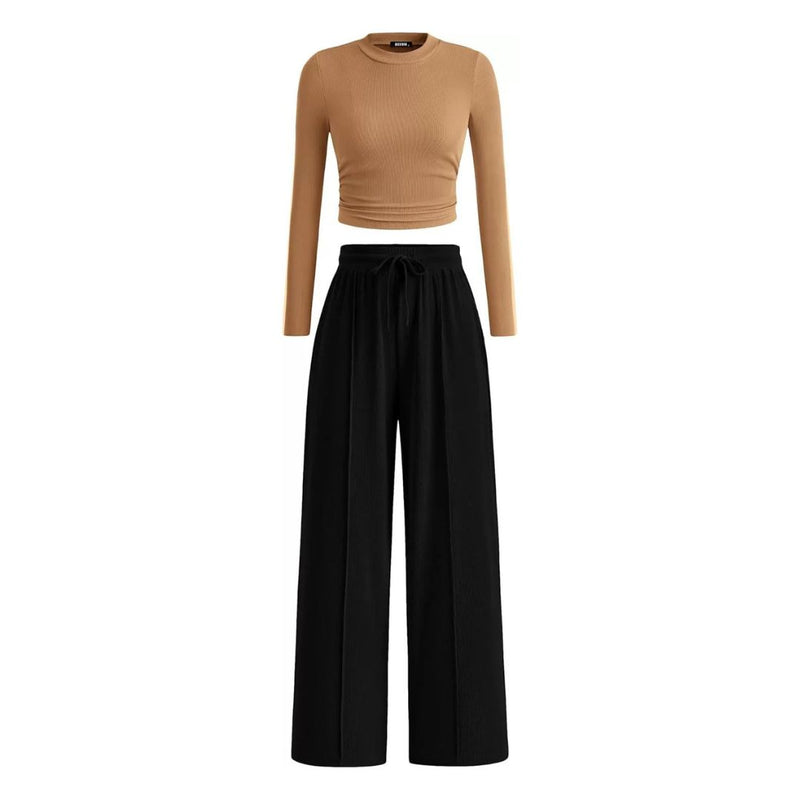 Ribbed Cropped Top and Wide-Leg Pants Set