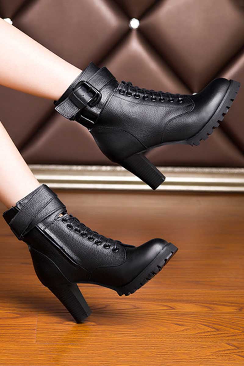 Chunky Lace Up Strapped Ankle Boots
