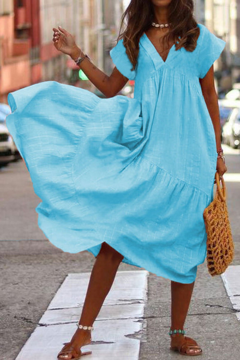 V Neck Tiered Cotton Midi Dress