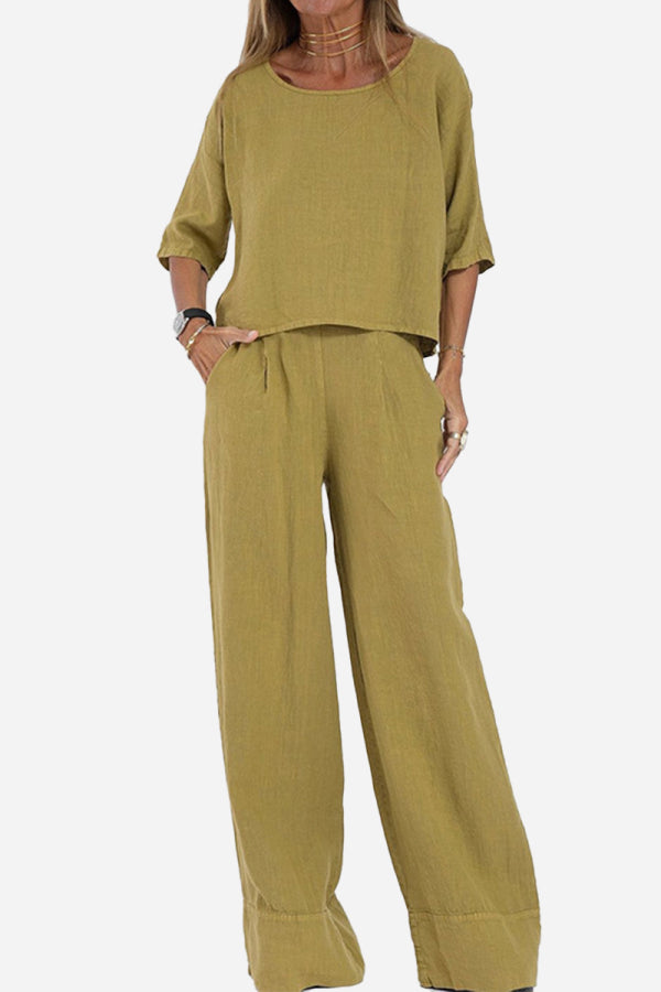 At Ease &amp; Down to Earth: Short-sleeved Pullover &amp; Wide Trouser Matching Set